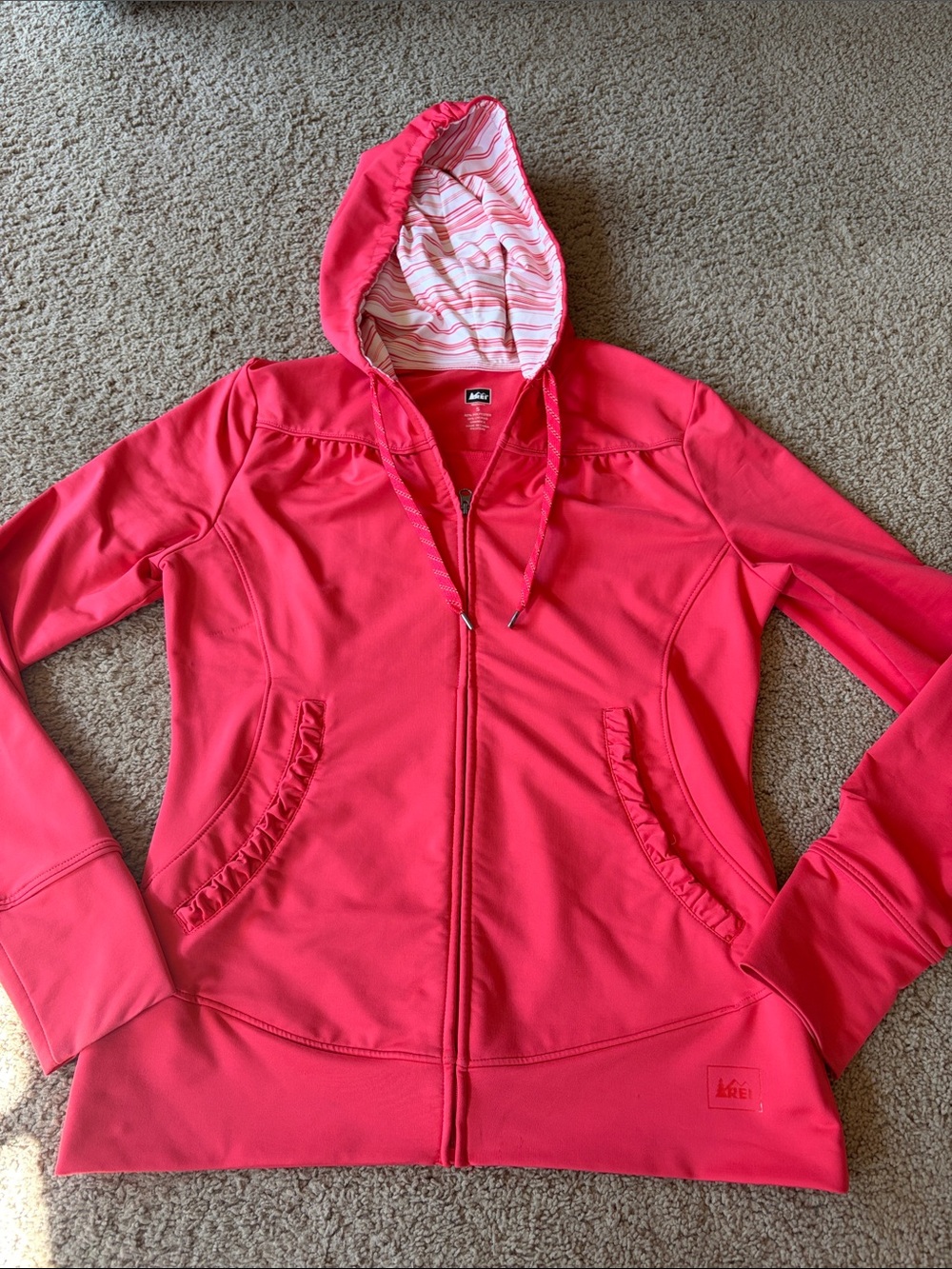 REI Coral Ruffle Accent Pocket Drwstring Hood Zip Jacket unlined size Small